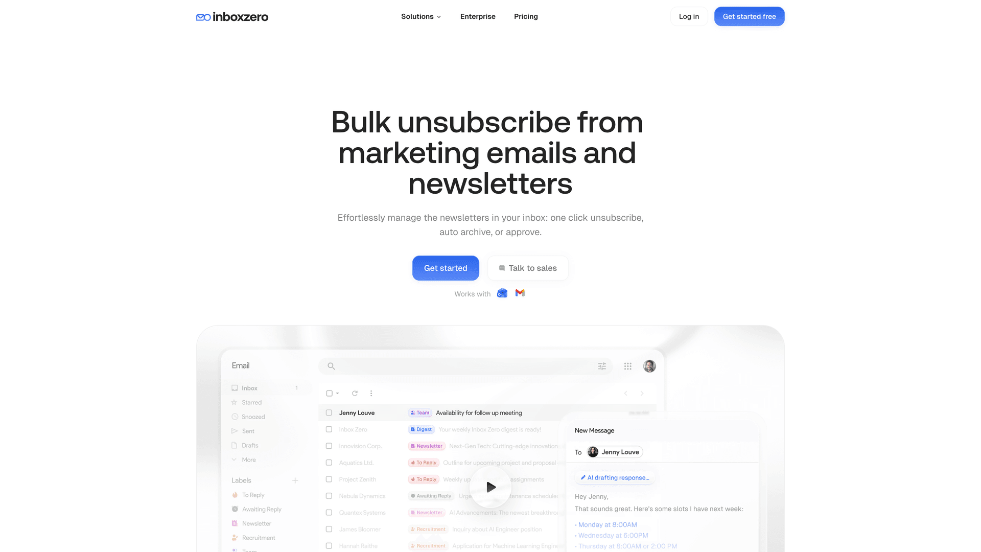 Inbox Zero Bulk Unsubscriber page showing one-click unsubscribe from marketing emails and newsletters