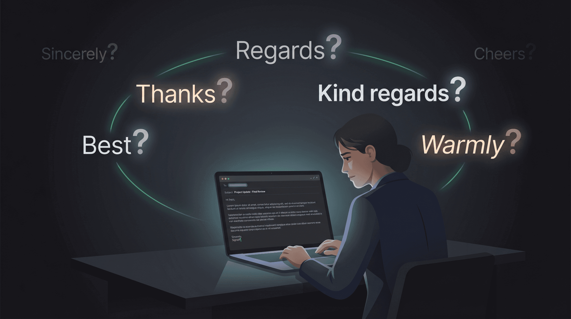 Professional staring at an open email compose window with sign-off options 'Best,' 'Thanks,' 'Regards,' 'Kind regards,' and 'Warmly' floating in an indecision cloud overhead