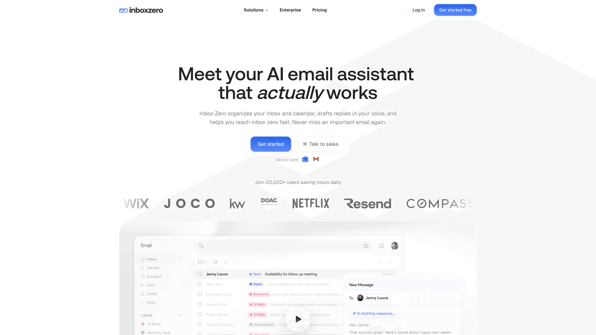 Inbox Zero homepage showing the headline "Meet your AI email assistant that actually works" with social proof from Netflix, Wix, Resend and a product UI preview