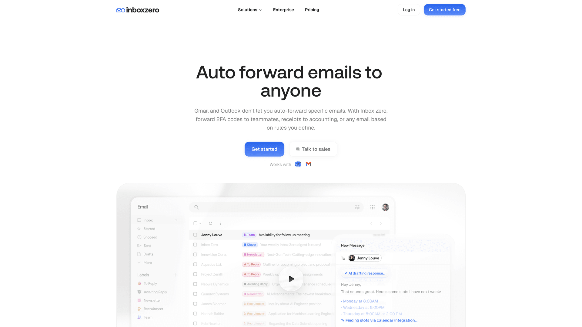 Inbox Zero auto-forward emails feature page showing the rule-based forwarding interface for Gmail and Outlook