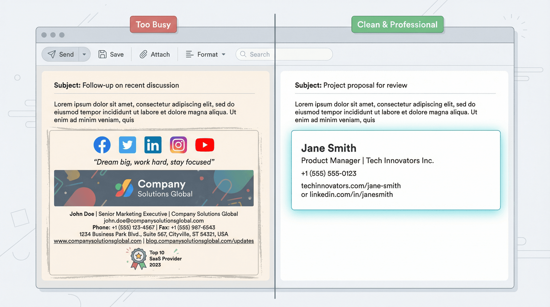 Side-by-side comparison of a cluttered Outlook email signature versus a clean minimal professional signature