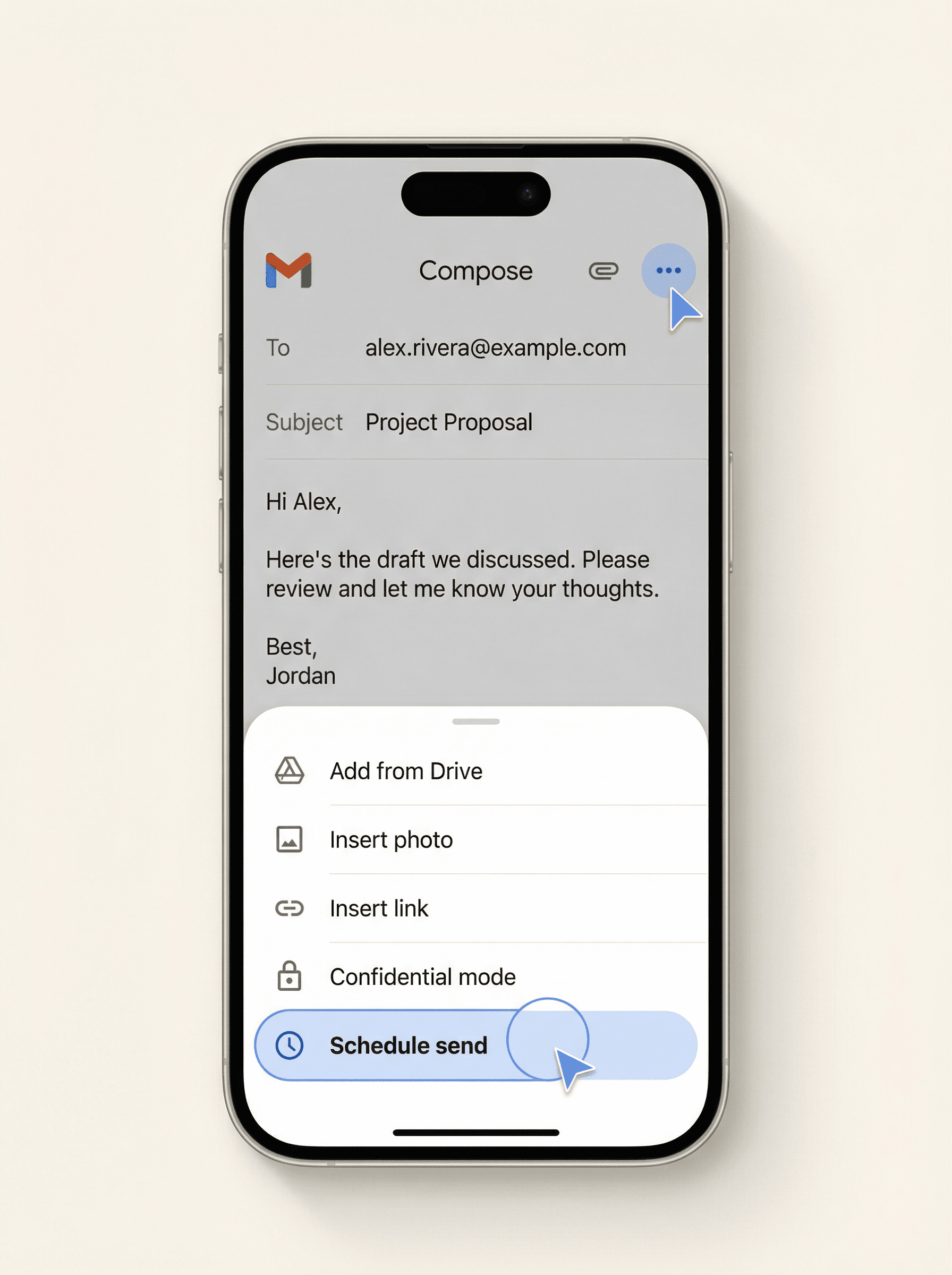 Gmail iOS app showing the three-dot More menu open with Schedule send option highlighted during email composition on iPhone