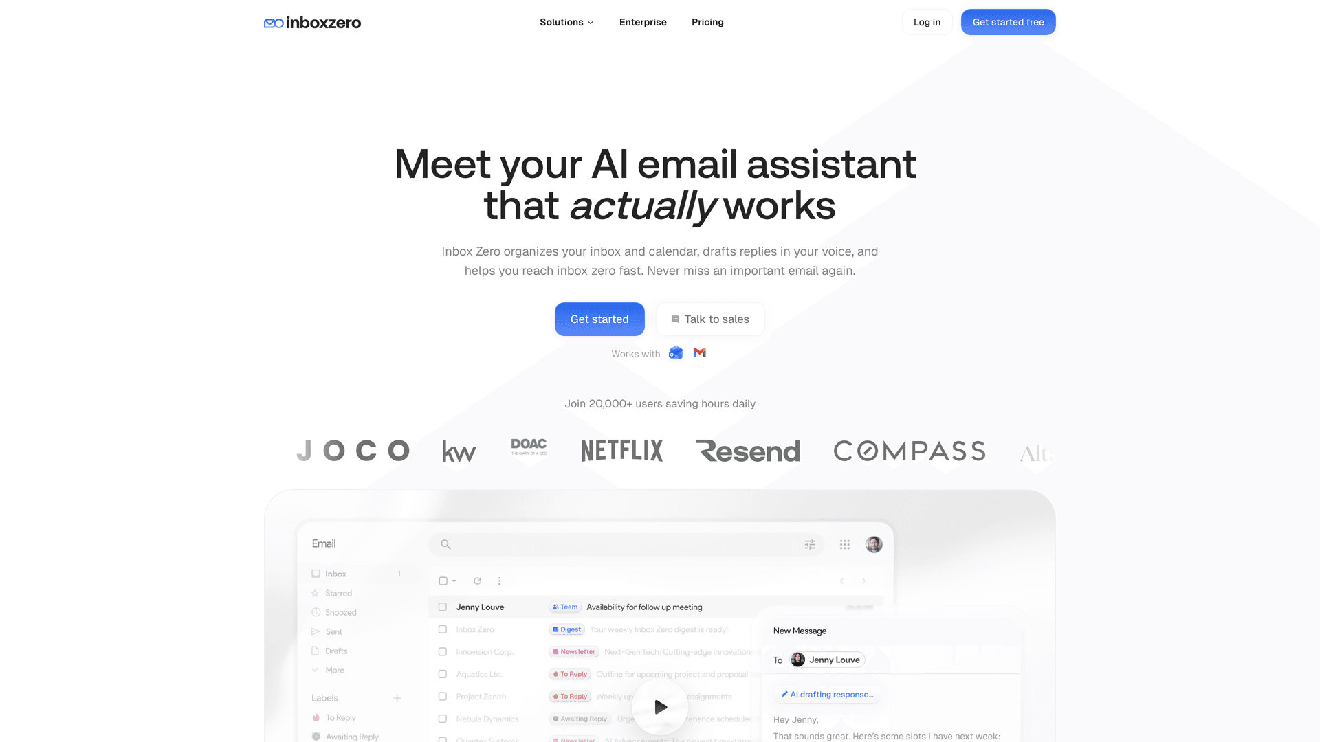 Inbox Zero homepage showing AI email assistant that actually works, with product UI preview and logos from companies including Netflix and Resend