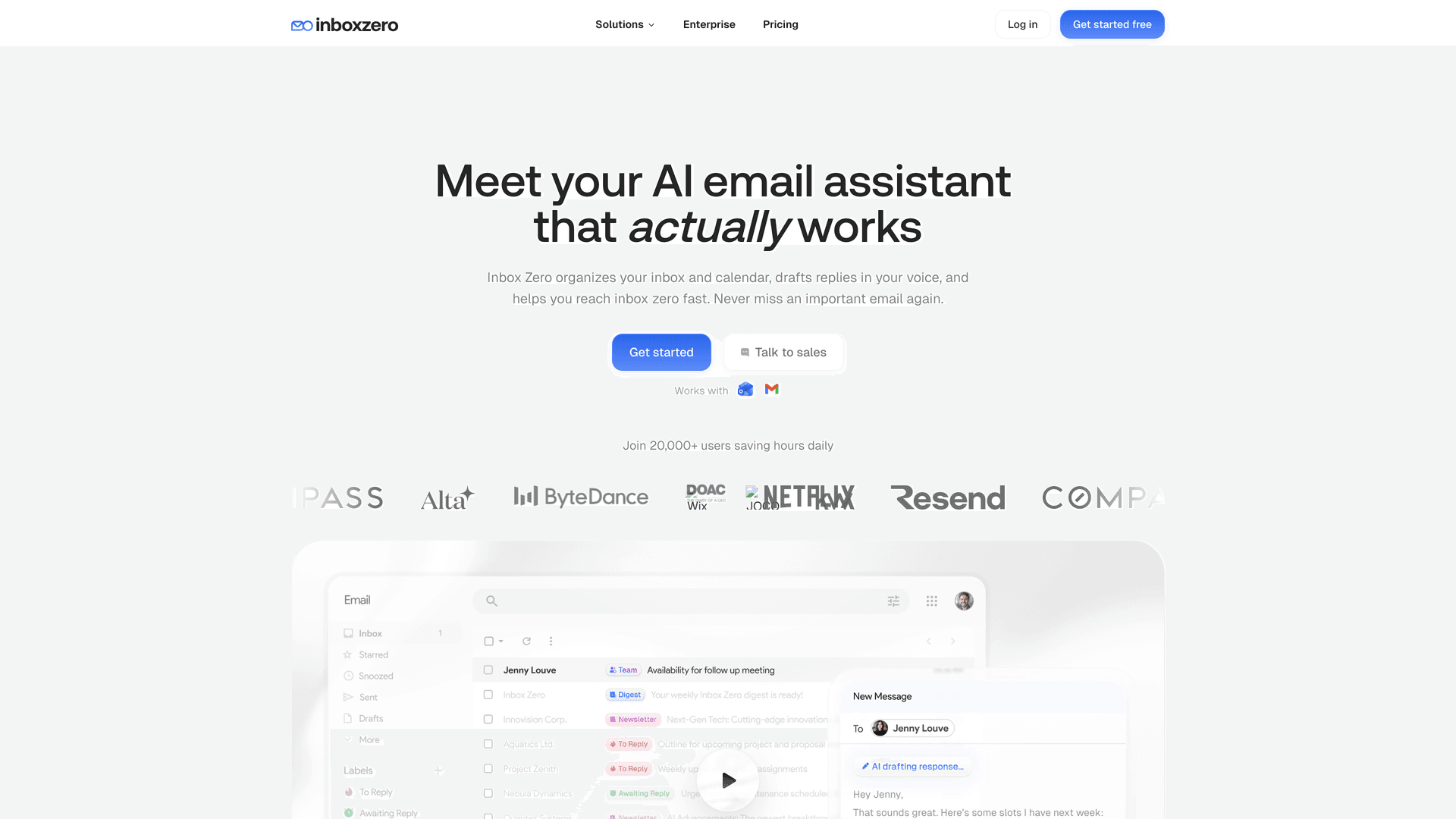 Inbox Zero homepage showing AI email assistant product with "Get started free" CTA and trusted company logos