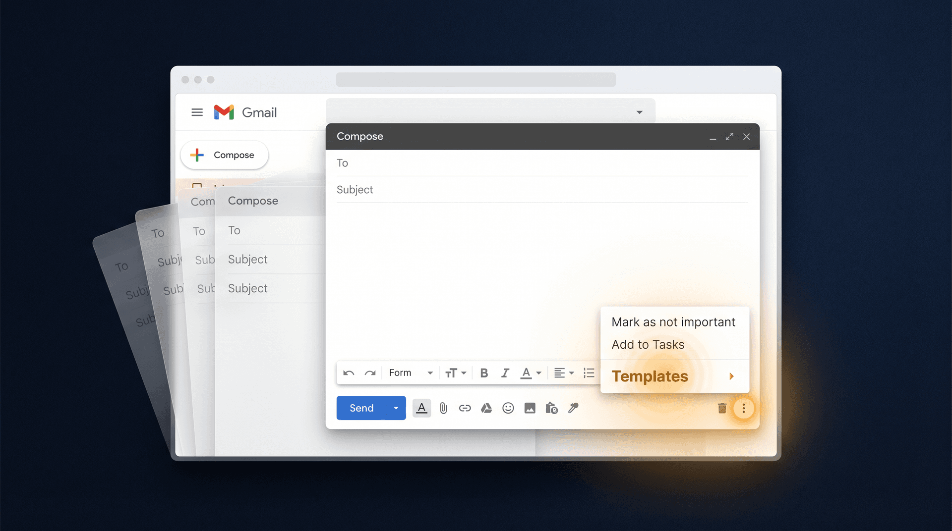 Gmail compose window with the three-dot More Options menu open, revealing a glowing Templates submenu hidden in plain sight
