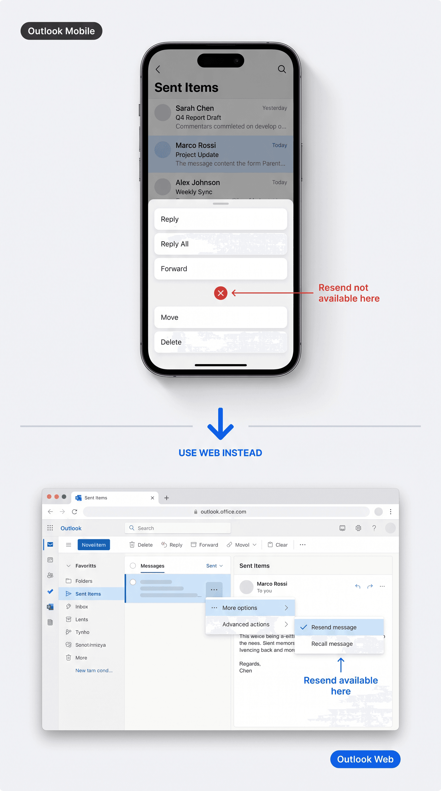 Split-panel illustration comparing Outlook mobile (no Resend option) with Outlook web where Resend message is available