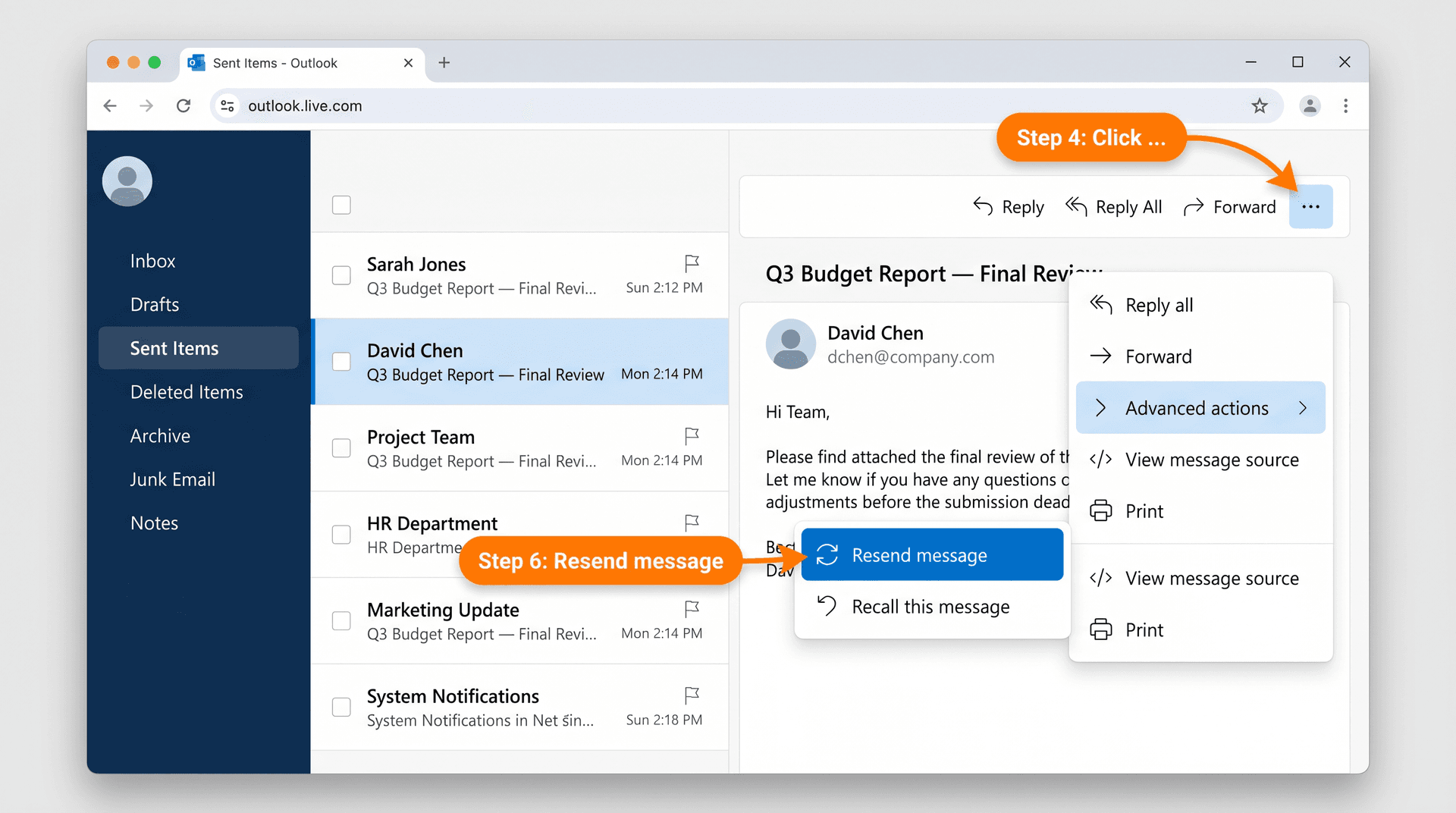 Outlook on the Web browser mockup showing Sent Items selected, three-dot menu open, and Resend message option highlighted