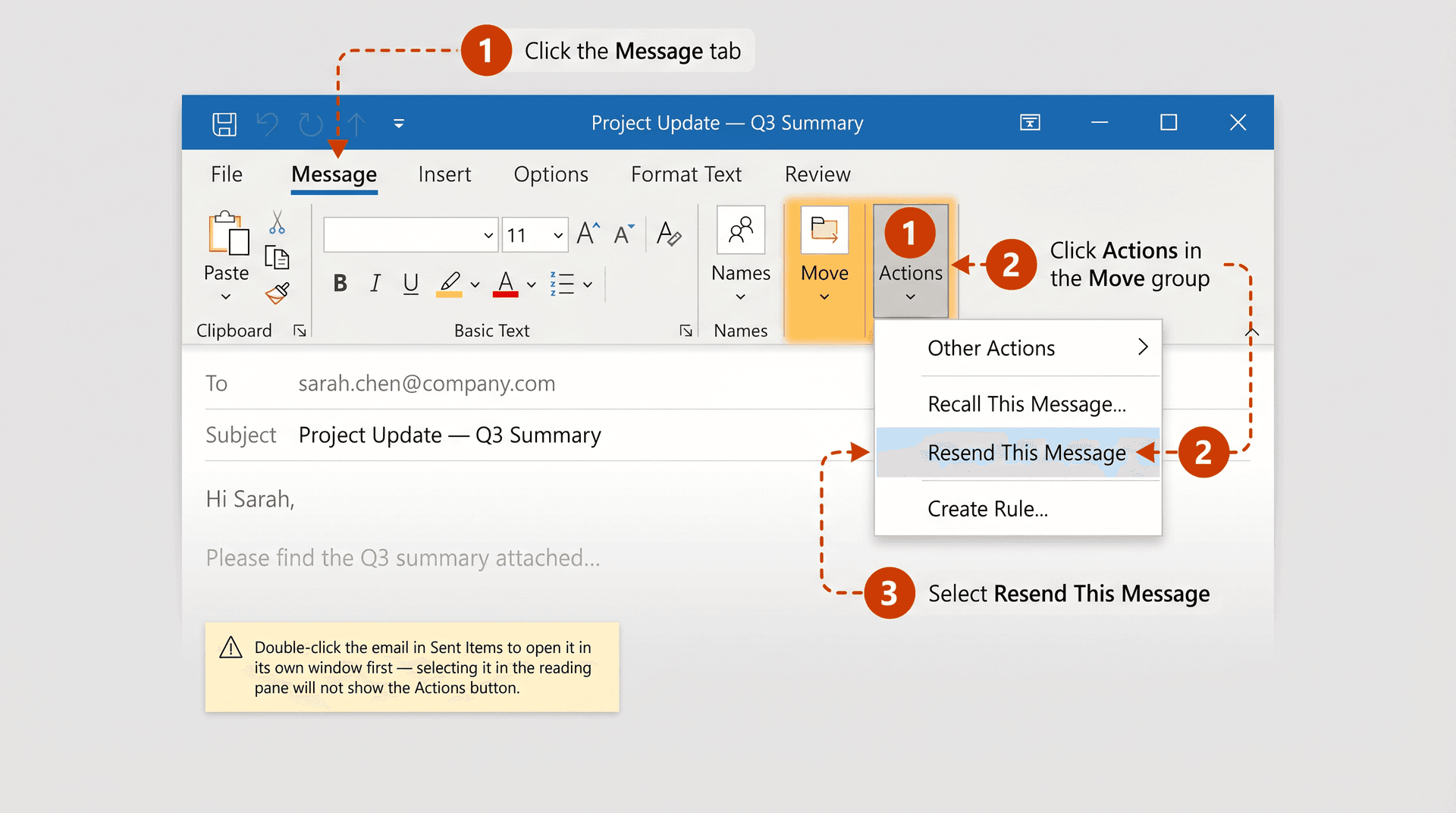 Classic Outlook ribbon UI showing Message tab with Actions dropdown open and Resend This Message option highlighted