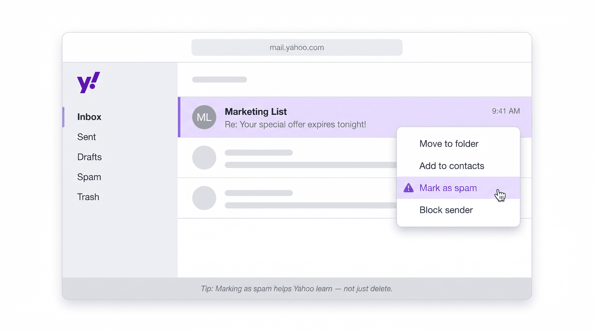 Stylized Yahoo Mail interface showing the More dropdown menu open with Mark as spam highlighted in purple