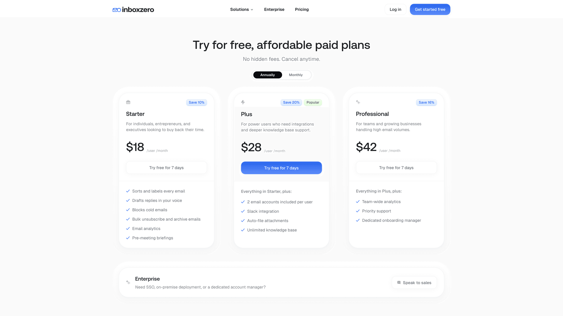 Inbox Zero pricing page showing Starter at $18, Plus at $28 (popular), and Professional at $42 per user per month, each with a 7-day free trial