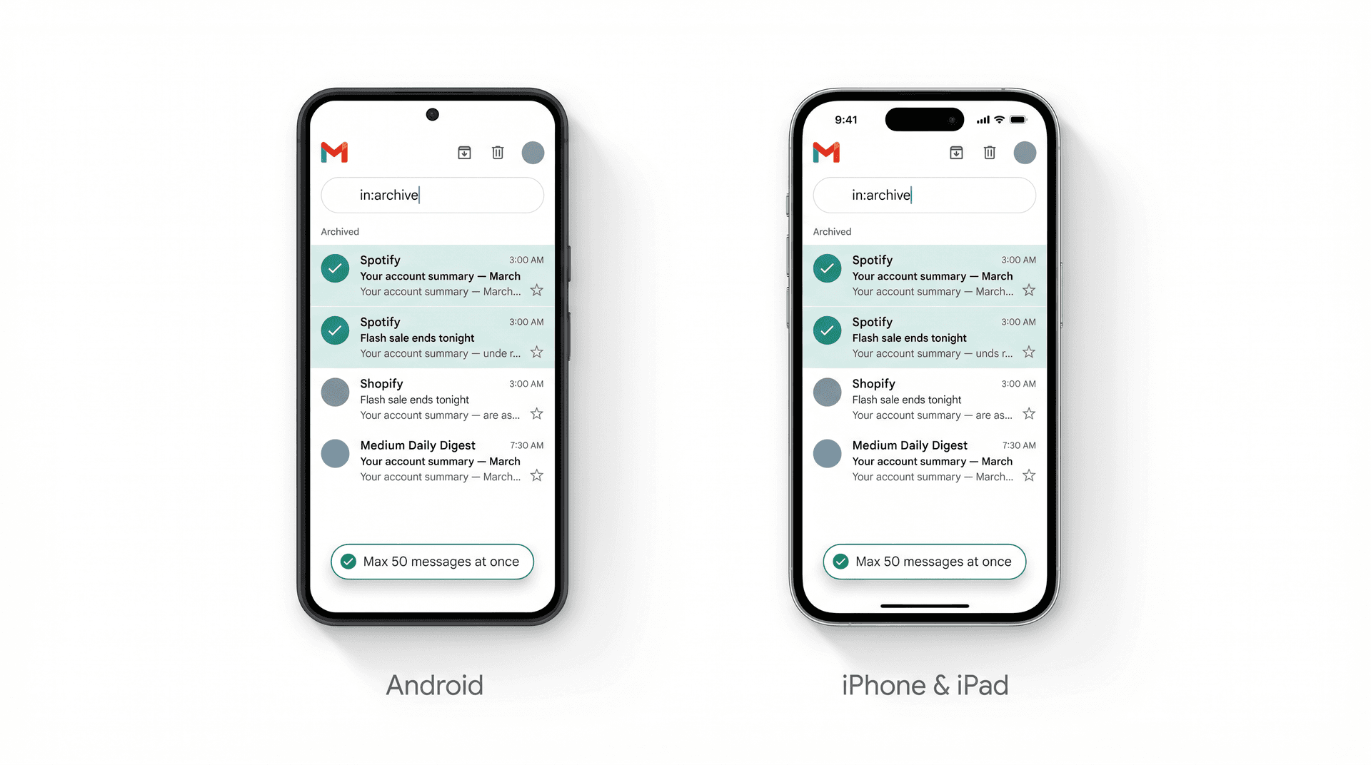 Side-by-side Android and iPhone Gmail app screens showing in:archive search with 50-message selection limit callout