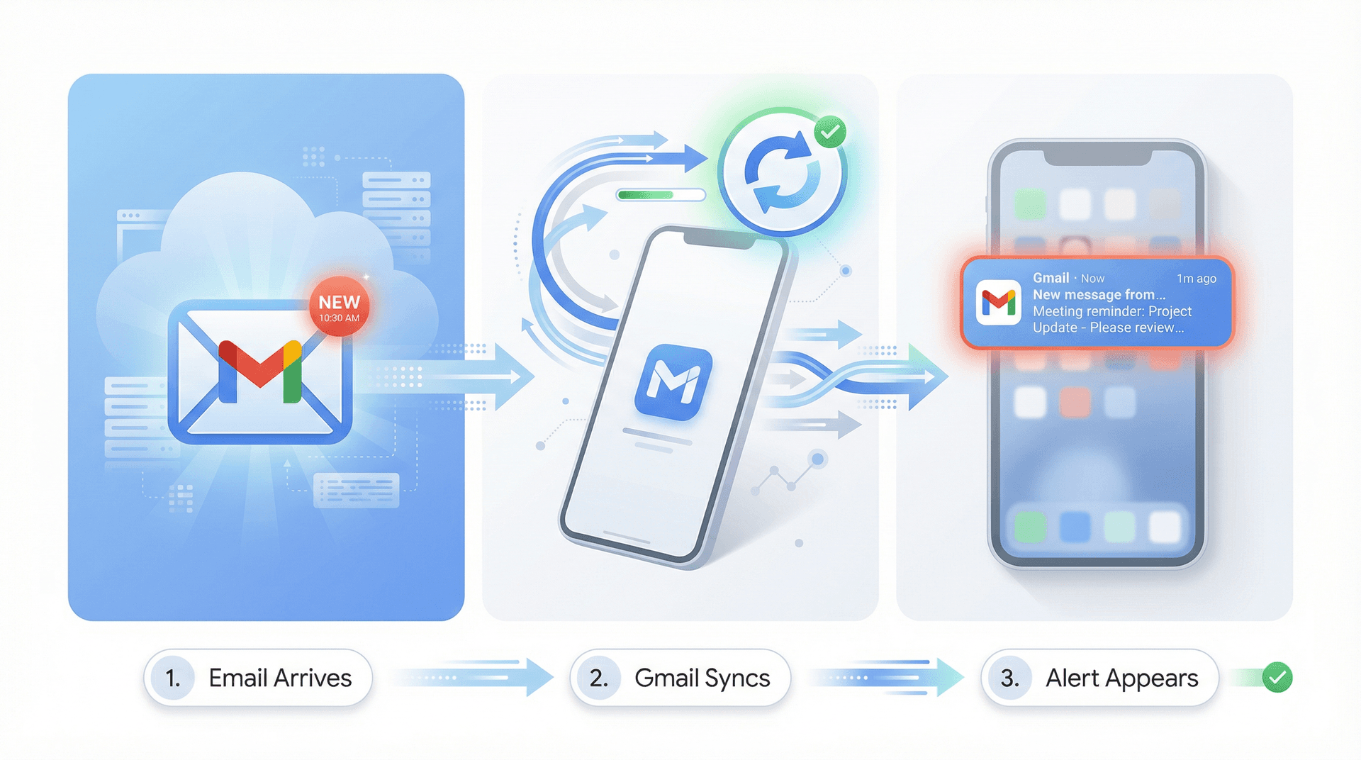 Three-step diagram showing how Gmail push notifications work: email arrives in cloud, Gmail syncs instantly, and phone displays alert notification
